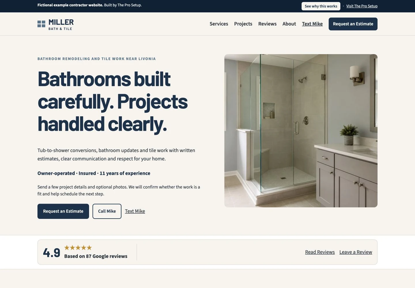 Miller Bath & Tile fictional contractor website example